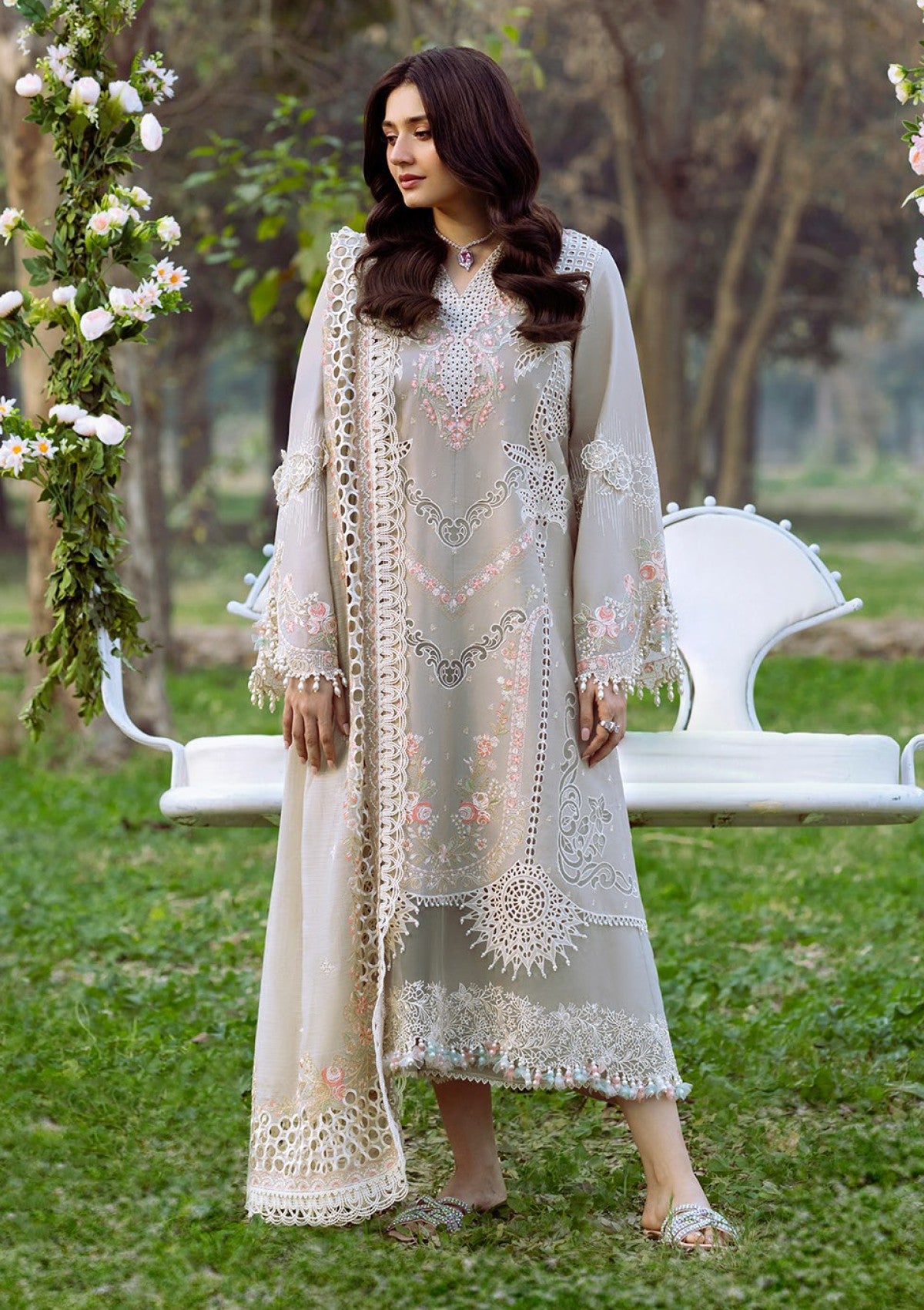 Lawn-3PC Chikankari Embroidered Shirt With Khadi Net Embroidered Dupatta-5329