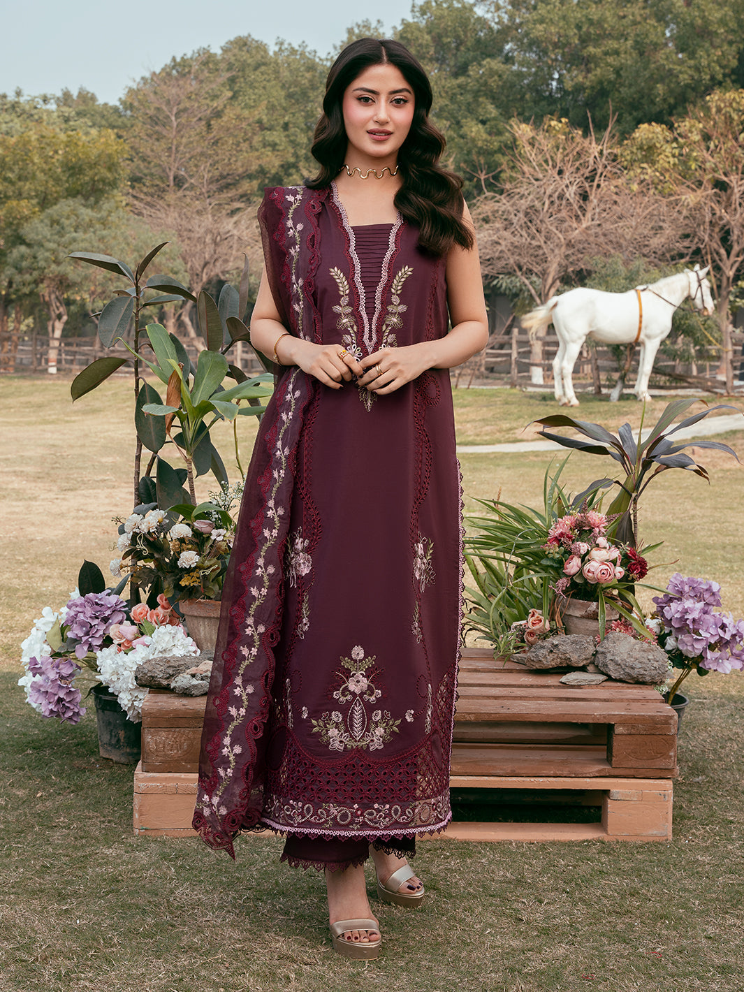 Lawn-3PC Chikankari Embroidered Shirt With Khadi Net Embroidered Dupatta-5287