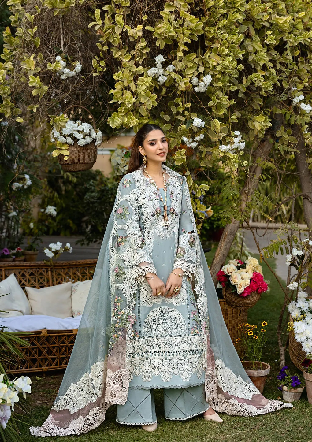 Lawn-3PC Chikankari Embroidered Shirt With Khadi Net Embroidered Dupatta-5324