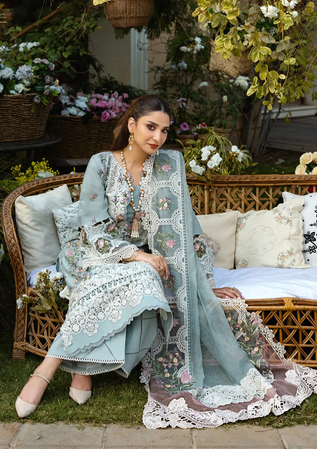 Lawn-3PC Chikankari Embroidered Shirt With Khadi Net Embroidered Dupatta-5324